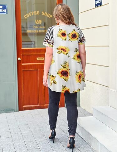 MONNURO Plus Size Tunics Leopard Print Tops For Women Casual Short Sleeve Striped Shirt Loose Fit in Saudi Arabia