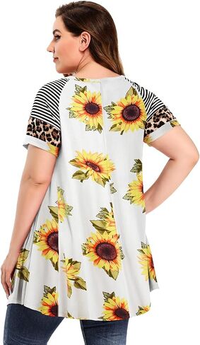 MONNURO Plus Size Tunics Leopard Print Tops For Women Casual Short Sleeve Striped Shirt Loose Fit in Saudi Arabia