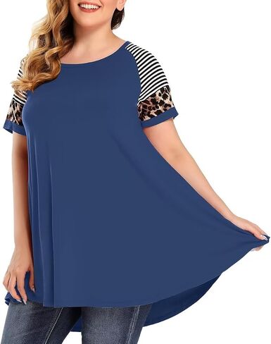 MONNURO Plus Size Tunics Leopard Print Tops For Women Casual Short Sleeve Striped Shirt Loose Fit in Saudi Arabia