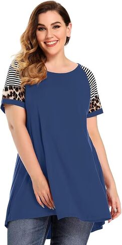 MONNURO Plus Size Tunics Leopard Print Tops For Women Casual Short Sleeve Striped Shirt Loose Fit in Saudi Arabia