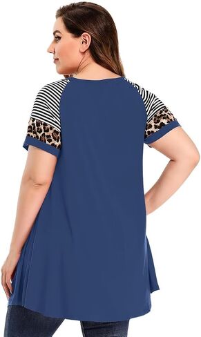 MONNURO Plus Size Tunics Leopard Print Tops For Women Casual Short Sleeve Striped Shirt Loose Fit in Saudi Arabia