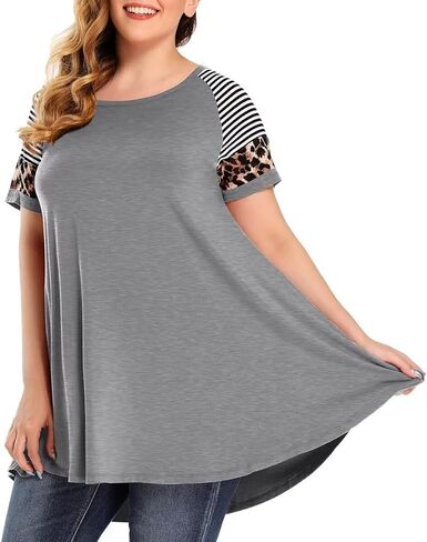 MONNURO تونيك مقاس كبير بطبعة الفهد للنساء، قميص مخطط بأكمام قصيرة كاجوال فضفاض in Kuwait