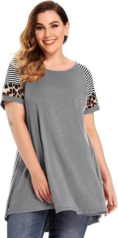 MONNURO تونيك مقاس كبير بطبعة الفهد للنساء، قميص مخطط بأكمام قصيرة كاجوال فضفاض in Kuwait