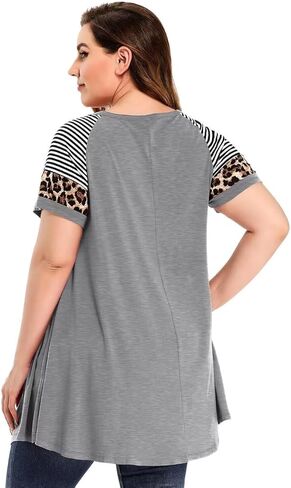 MONNURO تونيك مقاس كبير بطبعة الفهد للنساء، قميص مخطط بأكمام قصيرة كاجوال فضفاض in Kuwait