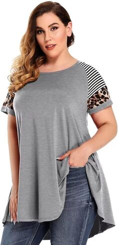 MONNURO تونيك مقاس كبير بطبعة الفهد للنساء، قميص مخطط بأكمام قصيرة كاجوال فضفاض in Kuwait