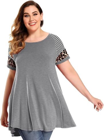 MONNURO تونيك مقاس كبير بطبعة الفهد للنساء، قميص مخطط بأكمام قصيرة كاجوال فضفاض in Kuwait