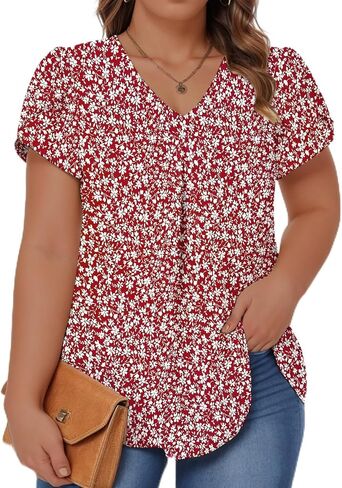 ROSRISS Plus-Size Summer Tops Petal Short Sleeve Shirts Casual V Neck Tuincs Chiffon Blouses in Saudi Arabia