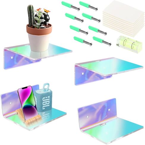 4 Pack 6x6 Inch Iridescent Acrylic Floating Shelves for Living Room Wall, Home Office, Kitchen, Dining Room, Bathroom Wall Shelf or Bedroom Wall Decor - Display Shelf for Any Space in Saudi Arabia