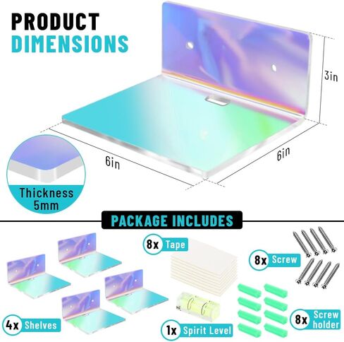4 Pack 6x6 Inch Iridescent Acrylic Floating Shelves for Living Room Wall, Home Office, Kitchen, Dining Room, Bathroom Wall Shelf or Bedroom Wall Decor - Display Shelf for Any Space in Saudi Arabia