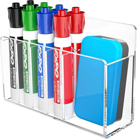 Acrylic Dry Erase Marker Holder with Adjustable Compartments, Magnetic Marker Organizer for Frige, Locker, Whiteboard, Adhesive Pen Holder for Wall, Clear in Saudi Arabia