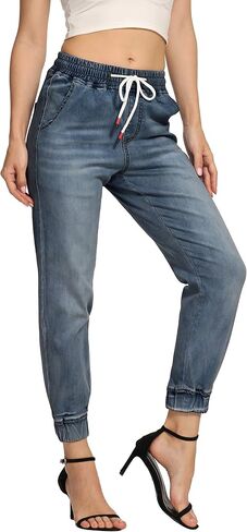 V VOCNI Women's Joggers Denim Sport Fit Drawstring Waist Side Pockets Casual Jeans in Saudi Arabia