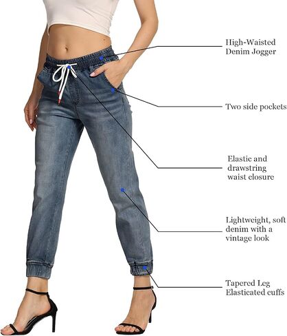 V VOCNI Women's Joggers Denim Sport Fit Drawstring Waist Side Pockets Casual Jeans in Saudi Arabia