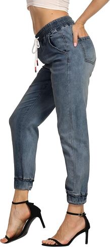 V VOCNI Women's Joggers Denim Sport Fit Drawstring Waist Side Pockets Casual Jeans in Saudi Arabia
