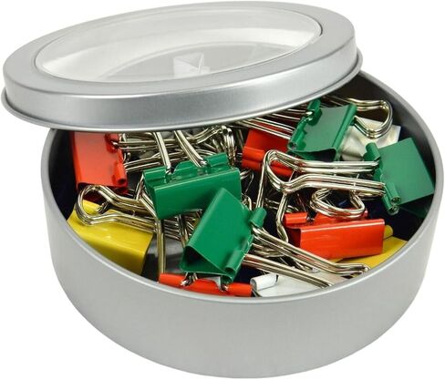 تنظيم فعال للمكتب مع مجموعة مشابك تجليد متعددة الألوان مكونة من 25 قطعة: مشابك معدنية مقاس 19 مم في صندوق قصدير دائري مغناطيسي أنيق مع غطاء شفاف لإدارة الورق واللوازم المكتبية in Kuwait