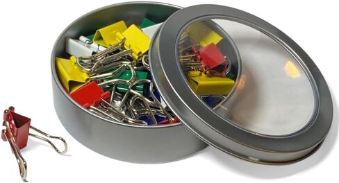 تنظيم فعال للمكتب مع مجموعة مشابك تجليد متعددة الألوان مكونة من 25 قطعة: مشابك معدنية مقاس 19 مم في صندوق قصدير دائري مغناطيسي أنيق مع غطاء شفاف لإدارة الورق واللوازم المكتبية in Kuwait