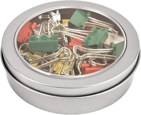 تنظيم فعال للمكتب مع مجموعة مشابك تجليد متعددة الألوان مكونة من 25 قطعة: مشابك معدنية مقاس 19 مم في صندوق قصدير دائري مغناطيسي أنيق مع غطاء شفاف لإدارة الورق واللوازم المكتبية in Kuwait