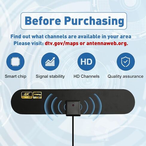هوائي تلفزيون رقمي عالي الدقة - يدعم 4K 1080p وجميع أجهزة التلفزيون القديمة - معزز إشارة مكبر الصوت الذكي الداخلي - كابل Coax HDTV in Kuwait