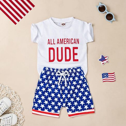 FOCUTEBB 4th of July Outfit Toddler Boy Outfits USA Short Sleeve T-Shirt American Flag Shorts Independence Day Summer Outfit in Saudi Arabia
