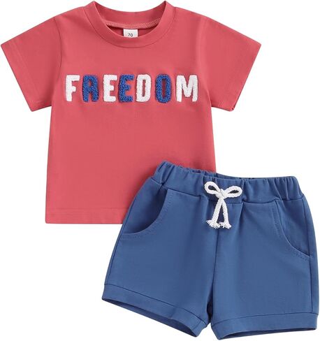 BULINGNA Infant Toddler Baby Boys 4th of July Outfit Letter Embroidery Short Sleeve T-Shirt Tops Shorts 2Pcs Summer Clothes in Saudi Arabia