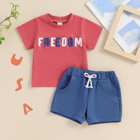 BULINGNA Infant Toddler Baby Boys 4th of July Outfit Letter Embroidery Short Sleeve T-Shirt Tops Shorts 2Pcs Summer Clothes in Saudi Arabia