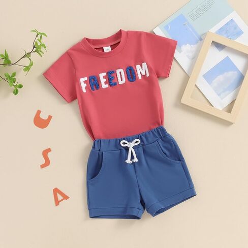 BULINGNA Infant Toddler Baby Boys 4th of July Outfit Letter Embroidery Short Sleeve T-Shirt Tops Shorts 2Pcs Summer Clothes in Saudi Arabia