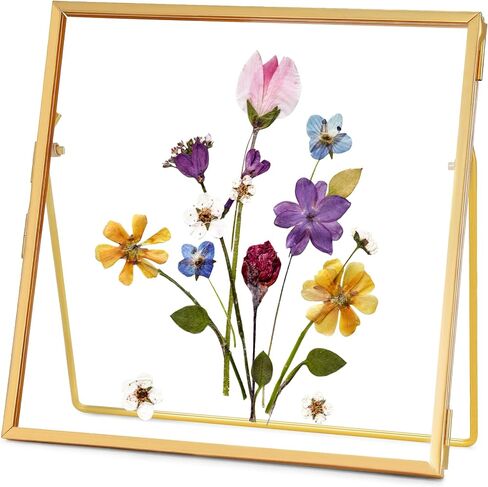 Glass Frame for Pressed Flowers Handmade, Double Glass Frame, Tabletop Frame, Flower Press Photo Frame Simple Metal Geometric Floating Frame Glass Picture Frame, Square, Gold, 4x4 Inches in Saudi Arabia