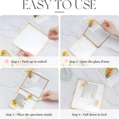 Glass Frame for Pressed Flowers Handmade, Double Glass Frame, Tabletop Frame, Flower Press Photo Frame Simple Metal Geometric Floating Frame Glass Picture Frame, Square, Gold, 4x4 Inches in Saudi Arabia