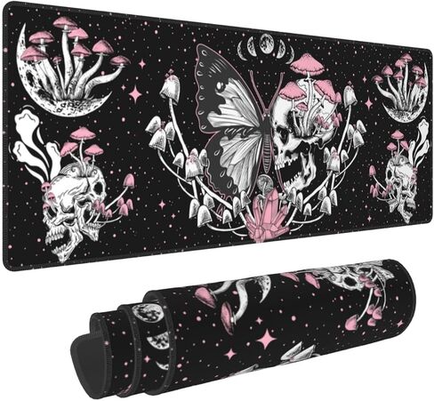 Skull Hippie Mushroom Moth Moon Gaming Mouse Pad XL, Large Extended Mousepad Desk Pad, Long Nonslip Rubber Mice Mats Stitched Edges Playmat for Office Home Gamer, 31.5x11.8 Inch in Saudi Arabia