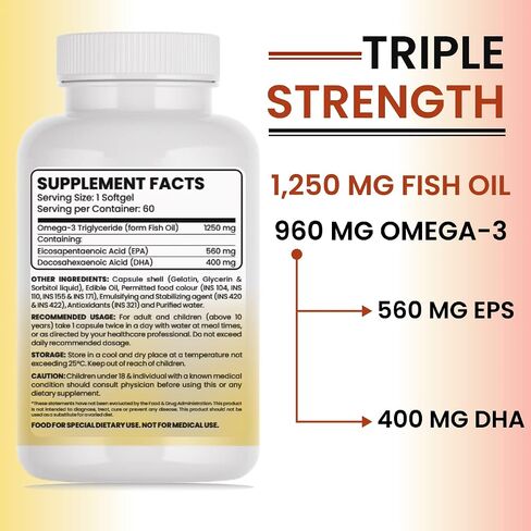 1250mg of Omega 3 Fish Oil Capsules - High Potency, Molecularly Distilled, Burpless Softgels with EPA and DHA for Immune Support, Joint, Vision, and Heart Health - 60 Count. in Saudi Arabia