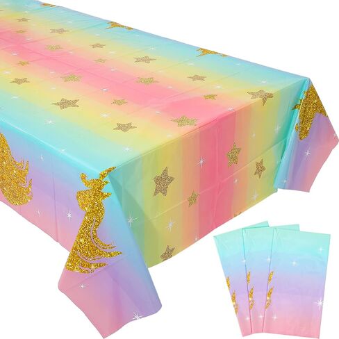 Unicorn Tablecloth 108 x 54 Inch Disposable Table Cover Multi-Color Stripe Plastic Tablecloths Unicorn Themed Birthday Party for Girls Decorations Decoration Supplies (3 Piece) in Kuwait