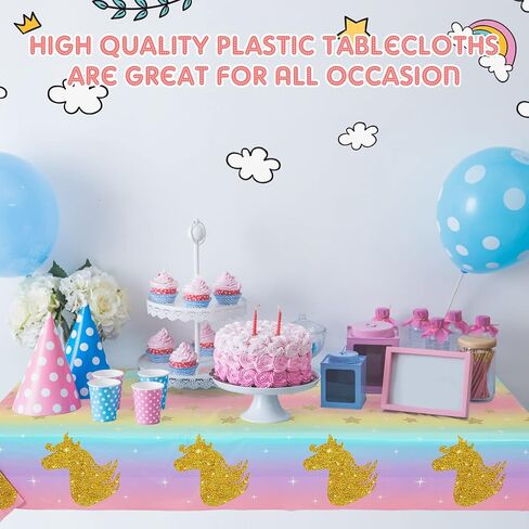 Unicorn Tablecloth 108 x 54 Inch Disposable Table Cover Multi-Color Stripe Plastic Tablecloths Unicorn Themed Birthday Party for Girls Decorations Decoration Supplies (3 Piece) in Kuwait