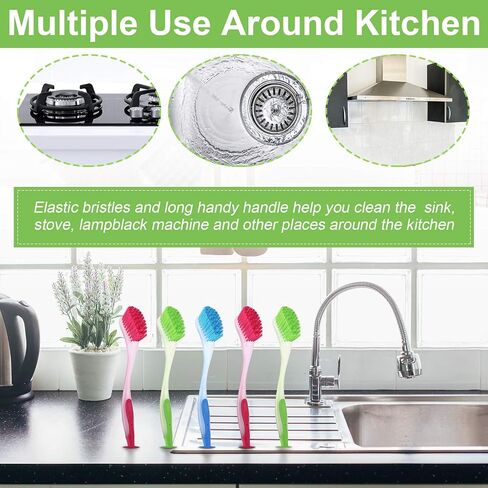 5 Pieces Long Dish Brush with Handle Assorted Color Dishwashing Brush with Suction Cup Multipurpose Scrub Cleaning Tool for Kitchen, Toilet, Etc. in Saudi Arabia