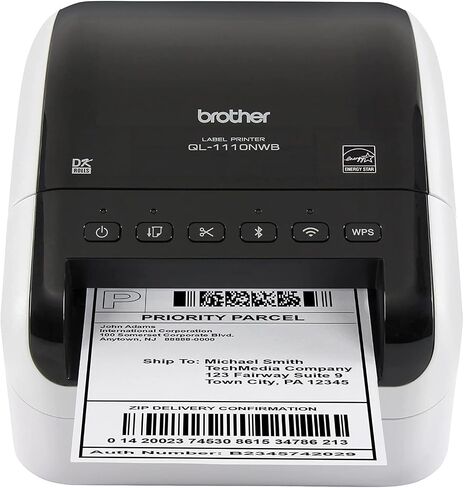 صانع الملصقات Brother QL-1110NWB، ملصق الشحن، لاسلكي، متصل بالكمبيوتر، الشبكة والبلوتوث، سطح المكتب، ملصقات ذات تنسيق واسع 4 بوصة - طباعة عبر USB، إيثرنت، وبلوتوث in Saudi Arabia