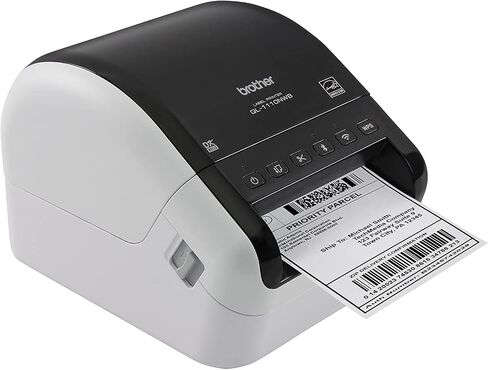 صانع الملصقات Brother QL-1110NWB، ملصق الشحن، لاسلكي، متصل بالكمبيوتر، الشبكة والبلوتوث، سطح المكتب، ملصقات ذات تنسيق واسع 4 بوصة - طباعة عبر USB، إيثرنت، وبلوتوث in Saudi Arabia