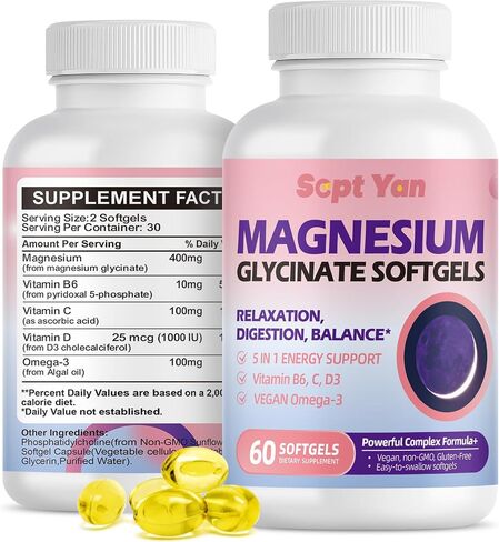 Magnesium Glycinate Softgels, with Vitamin B6, C, D3, Omega-3 | Highly Absorbable Magnesium Supplement for Calm, Muscle & Sleep Support | Easy to Swallow Soft Gels for Women & Men Vegan | 60 Count in Saudi Arabia