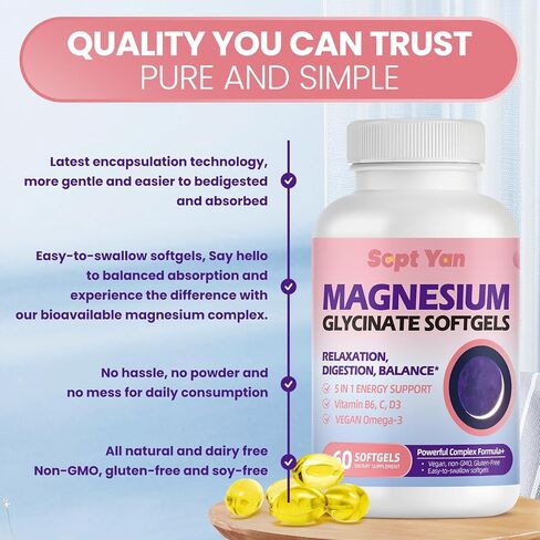 Magnesium Glycinate Softgels, with Vitamin B6, C, D3, Omega-3 | Highly Absorbable Magnesium Supplement for Calm, Muscle & Sleep Support | Easy to Swallow Soft Gels for Women & Men Vegan | 60 Count in Saudi Arabia