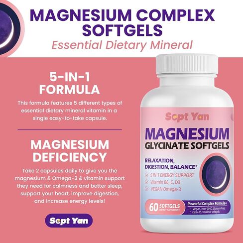 Magnesium Glycinate Softgels, with Vitamin B6, C, D3, Omega-3 | Highly Absorbable Magnesium Supplement for Calm, Muscle & Sleep Support | Easy to Swallow Soft Gels for Women & Men Vegan | 60 Count in Saudi Arabia