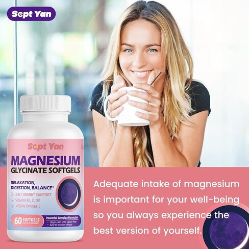 Magnesium Glycinate Softgels, with Vitamin B6, C, D3, Omega-3 | Highly Absorbable Magnesium Supplement for Calm, Muscle & Sleep Support | Easy to Swallow Soft Gels for Women & Men Vegan | 60 Count in Saudi Arabia