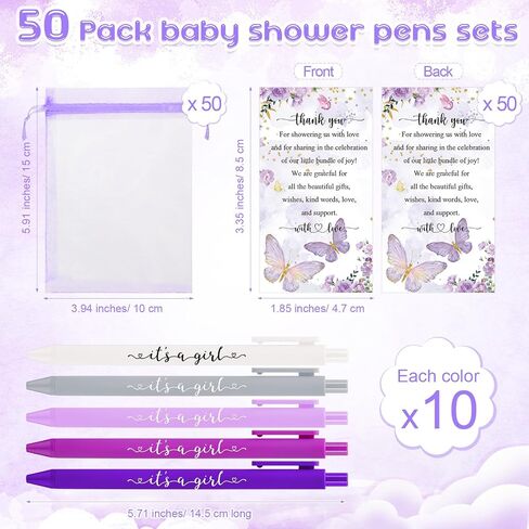 50 Set Baby Shower Favors Pens with It's a Boy/Girl Ballpoint Pens Thank You Tags Organza Bags Return Gifts for Guest Baby Shower Party Supplies(Purple, It's a girl) in Saudi Arabia