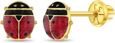 14k Yellow Gold Enamel Colorful Ladybug Screw Back Earrings for Toddlers & Young Girls - Ladybug Stud Earrings for Children with Safety Screw Back Locking - Kids Ladybug Earrings in Saudi Arabia