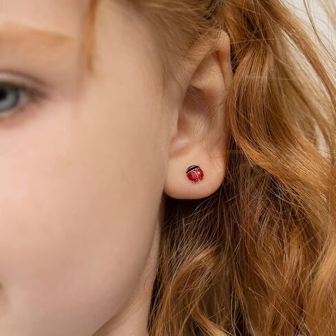 14k Yellow Gold Enamel Colorful Ladybug Screw Back Earrings for Toddlers & Young Girls - Ladybug Stud Earrings for Children with Safety Screw Back Locking - Kids Ladybug Earrings in Saudi Arabia