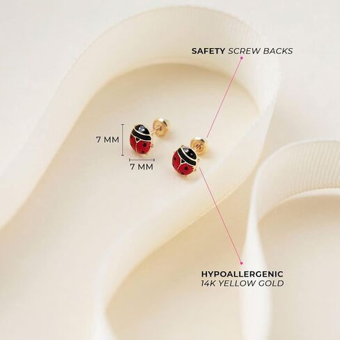 14k Yellow Gold Enamel Colorful Ladybug Screw Back Earrings for Toddlers & Young Girls - Ladybug Stud Earrings for Children with Safety Screw Back Locking - Kids Ladybug Earrings in Saudi Arabia