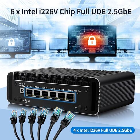 Firewall Mini PC Quad Core N100, DDR5 8GB RAM 128GB NVMe SSD, 6 x 2.5GbE i226V LAN Fanless Computer Hardware, Micro Router Appliance, AES-NI, OPNsense, TypeC Port, TF Card Slot in Kuwait