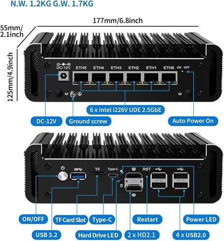 Firewall Mini PC Quad Core N100, DDR5 8GB RAM 128GB NVMe SSD, 6 x 2.5GbE i226V LAN Fanless Computer Hardware, Micro Router Appliance, AES-NI, OPNsense, TypeC Port, TF Card Slot in Kuwait