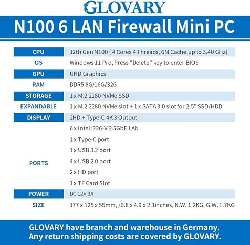 Firewall Mini PC Quad Core N100, DDR5 8GB RAM 128GB NVMe SSD, 6 x 2.5GbE i226V LAN Fanless Computer Hardware, Micro Router Appliance, AES-NI, OPNsense, TypeC Port, TF Card Slot in Kuwait