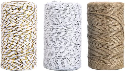 Loveinside Cotton Jute Twine String for Craft - 984 Feet Cotton Twine Rope for Gift Wrap, Art Packing, Garden Decoration - Gold, Silver, Kraft Brown - Total 3 Roll in Saudi Arabia