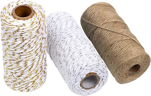 Loveinside Cotton Jute Twine String for Craft - 984 Feet Cotton Twine Rope for Gift Wrap, Art Packing, Garden Decoration - Gold, Silver, Kraft Brown - Total 3 Roll in Saudi Arabia
