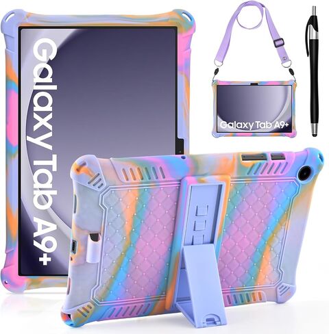 DETUOSI Compatible with Samsung Galaxy Tab A9 Plus Case 11 inch 2023, with Shoulder Strap & Stylus Pen, Soft Silicone Multi-Angle Case for Galaxy Tab A9+ Tablet SM-X210/X216/X218, Rose Red & Purple in Saudi Arabia