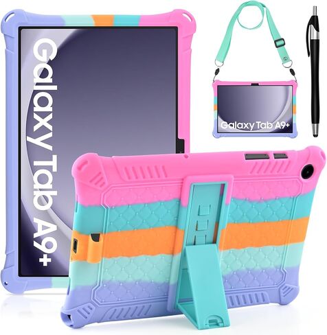 DETUOSI Compatible with Samsung Galaxy Tab A9 Plus Case 11 inch 2023, with Shoulder Strap & Stylus Pen, Soft Silicone Multi-Angle Case for Galaxy Tab A9+ Tablet SM-X210/X216/X218, Rose Red & Purple in Saudi Arabia