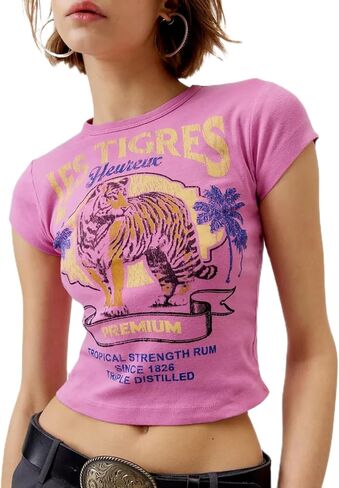 Graphic Baby Tees for Women Y2k Short Sleeve Floral Print Crop Tops Vintage Aesthetic Summer Teens Girl T-Shirt in Saudi Arabia